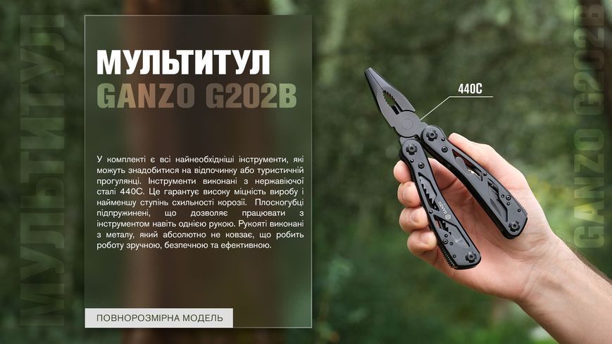 Мультитул Ganzo G202B, (16.5 см) 24 функції, чорний + біти та чохол G202B фото
