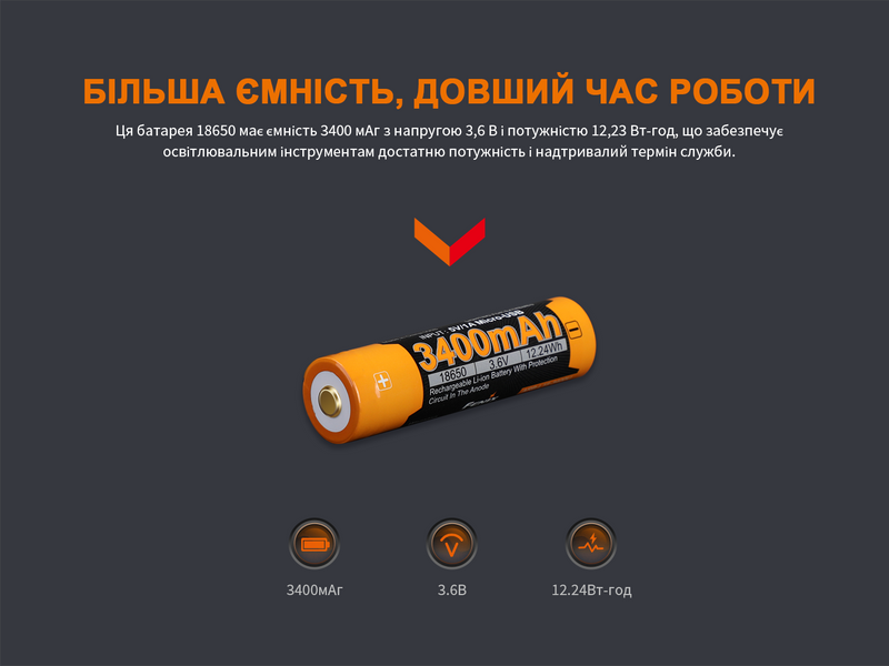 Аккумулятор 18650 Fenix (3400 mAh) micro usb зарядка ARB-L18-3400U фото