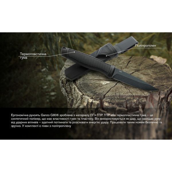 Ніж фіксований туристичний Ganzo G806BW (9.8 см) 8Cr14 / PP+TPR чорний з чохлом G806BW-BK фото