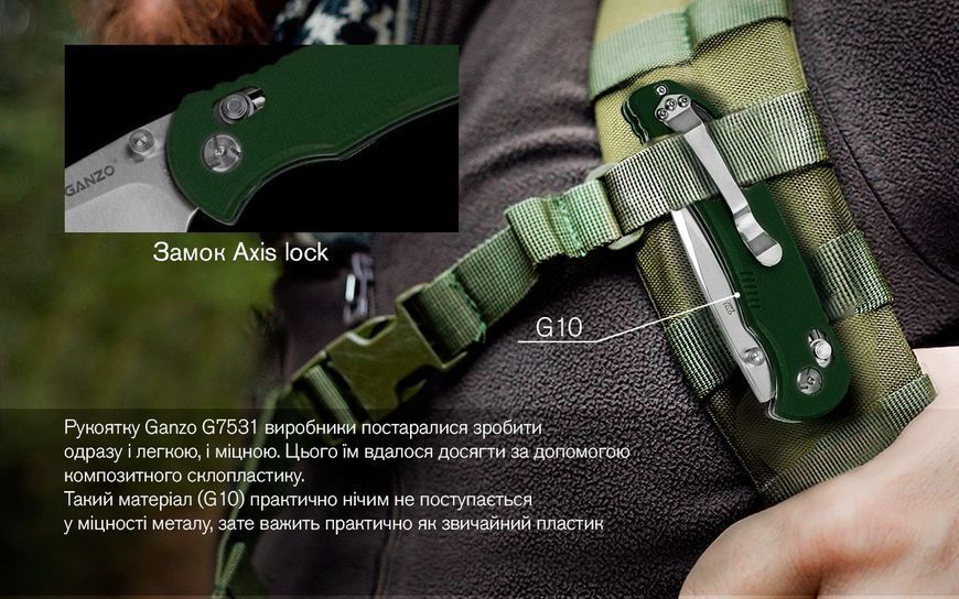 Нож складной туристический Ganzo G7531 (8.9 см) 440С/G10 зеленый G7531-GR фото