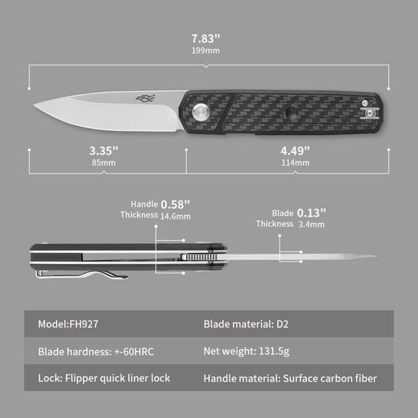 Ніж туристичний Firebird FH927 (8.5 см) D2 / G10 & карбон чорний FH927-CF фото